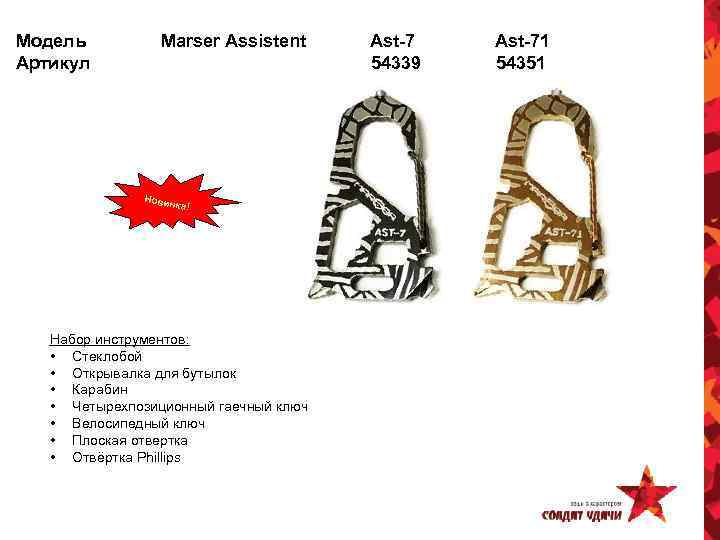 Модель Артикул Marser Assistent Новин ка! Набор инструментов: • Стеклобой • Открывалка для бутылок