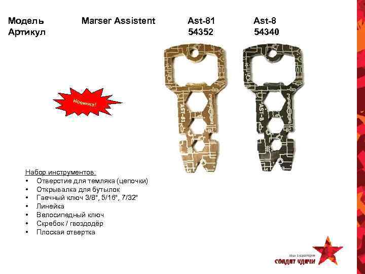 Модель Артикул Marser Assistent Новин ка! Набор инструментов: • Отверстие для темляка (цепочки) •