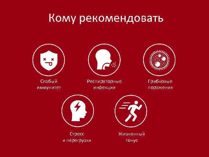 Кому рекомендовать Слабый иммунитет Респираторные инфекции Стресс и перегрузки Жизненный тонус Грибковые поражения 