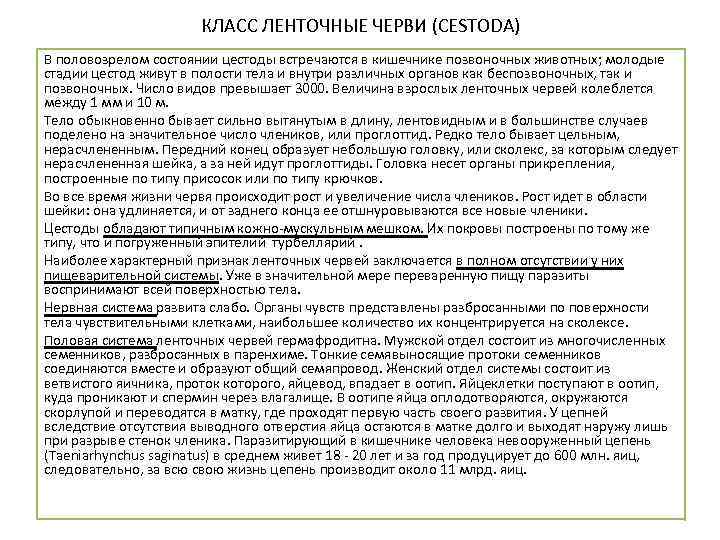 КЛАСС ЛЕНТОЧНЫЕ ЧЕРВИ (CESTODA) В половозрелом состоянии цестоды встречаются в кишечнике позвоночных животных; молодые