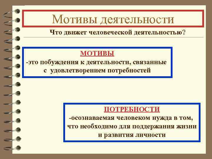 Мотивы деятельности Что движет человеческой деятельностью? МОТИВЫ -это побуждения к деятельности, связанные с удовлетворением