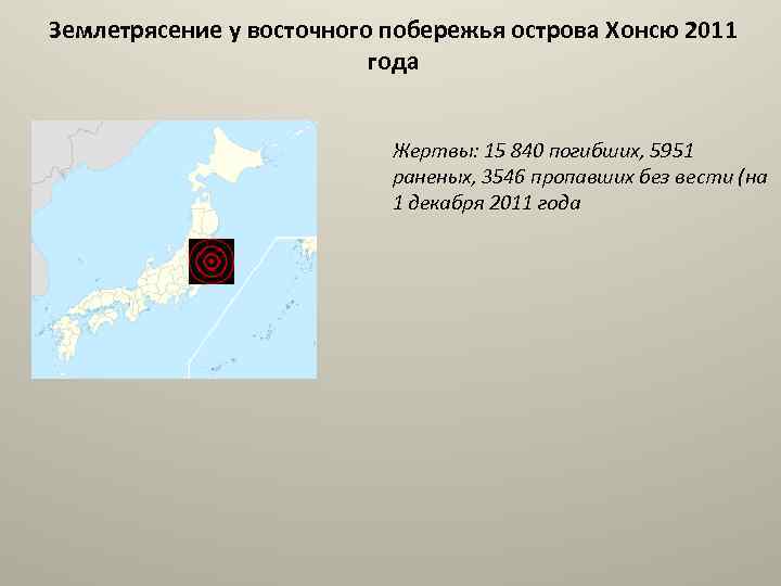 Землетрясение у восточного побережья острова Хонсю 2011 года Жертвы: 15 840 погибших, 5951 раненых,