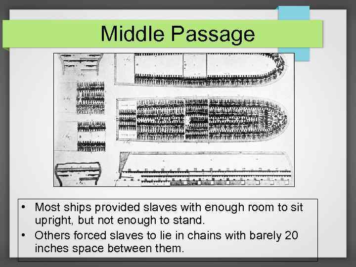 Middle Passage • Most ships provided slaves with enough room to sit upright, but