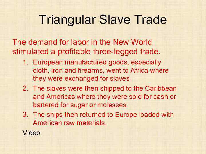 Triangular Slave Trade The demand for labor in the New World stimulated a profitable