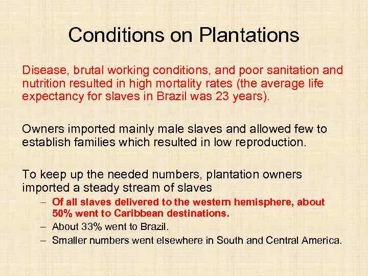 Conditions on Plantations Disease, brutal working conditions, and poor sanitation and nutrition resulted in