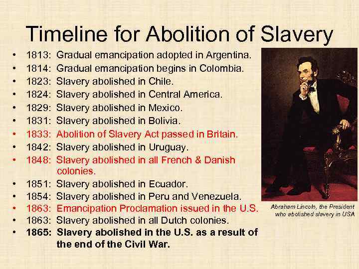 Timeline for Abolition of Slavery • • • 1813: 1814: 1823: 1824: 1829: 1831: