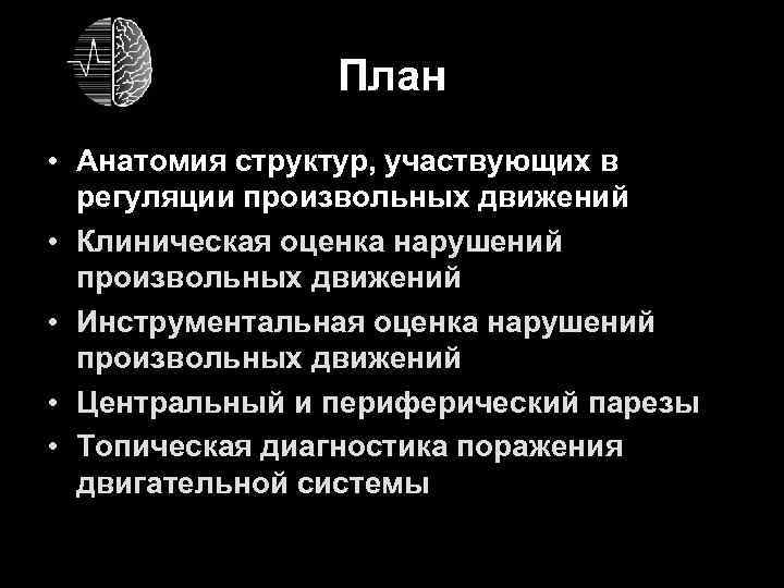 План • Анатомия структур, участвующих в регуляции произвольных движений • Клиническая оценка нарушений произвольных