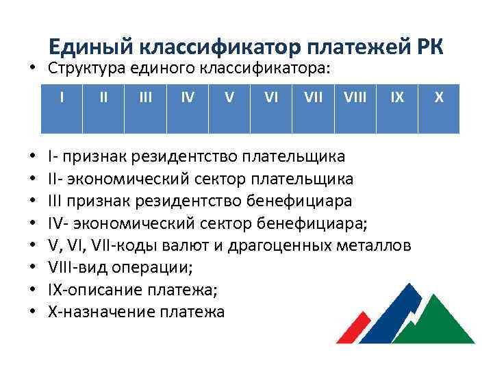 Единый классификатор платежей РК • Структура единого классификатора: I • • II IV V