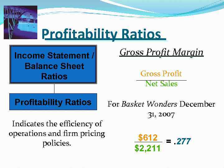 Profitability Ratios Income Statement / Balance Sheet Ratios Profitability Ratios Indicates the efficiency of