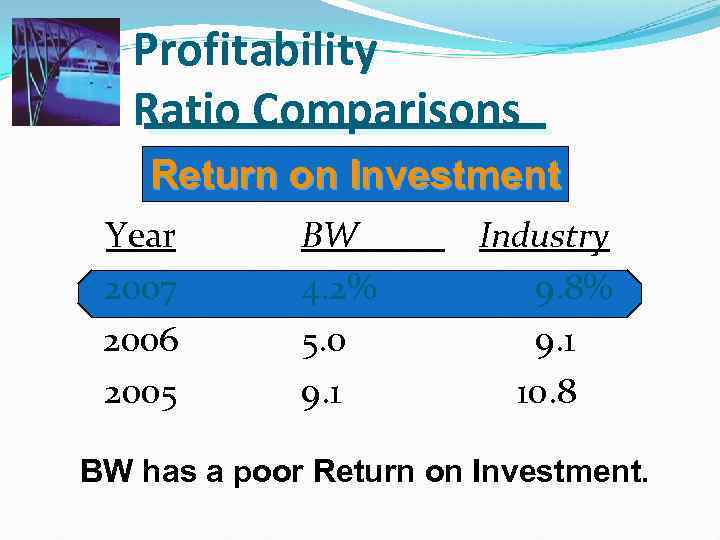 Profitability Ratio Comparisons Return on Investment Year 2007 2006 2005 BW 4. 2% 5.