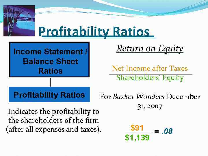 Profitability Ratios Income Statement / Balance Sheet Ratios Return on Equity Net Income after