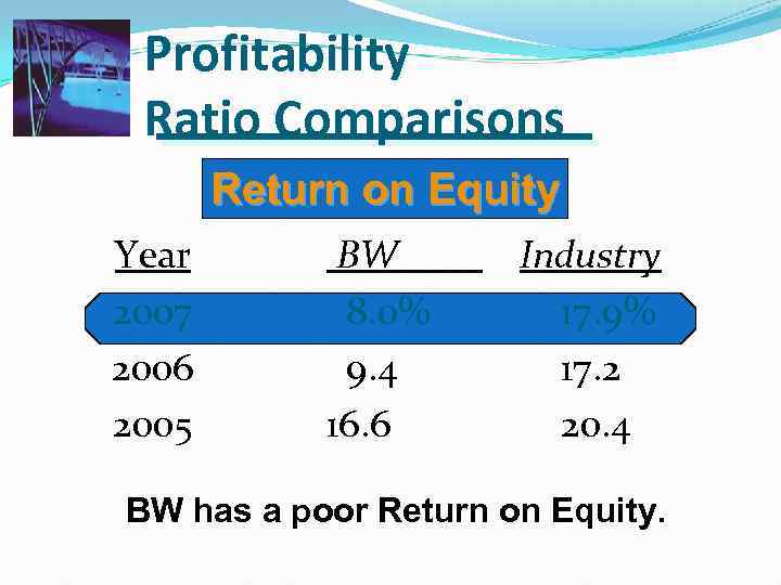 Profitability Ratio Comparisons Return on Equity Year 2007 2006 2005 BW 8. 0% 9.