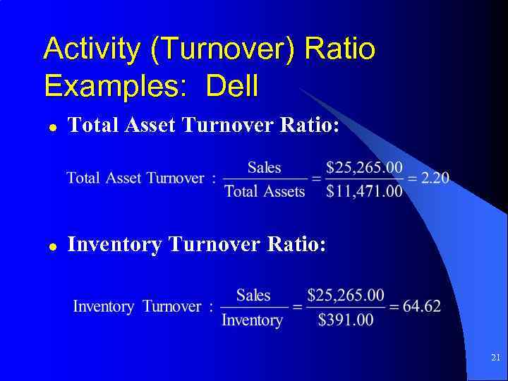 Activity (Turnover) Ratio Examples: Dell l Total Asset Turnover Ratio: l Inventory Turnover Ratio: