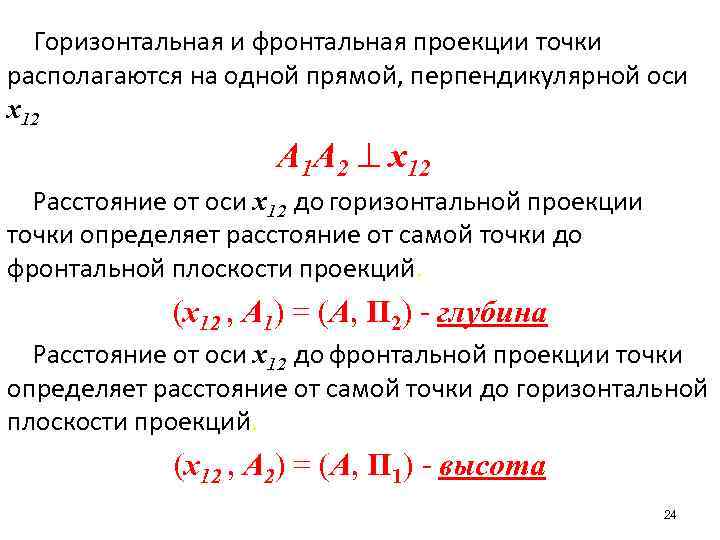 Горизонтальная и фронтальная проекции точки располагаются на одной прямой, перпендикулярной оси x 12 А