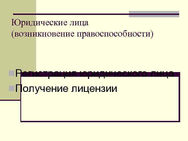 Юридические лица (возникновение правоспособности) n. Регистрация юридического лица n. Получение лицензии 
