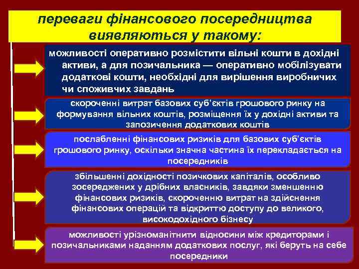 переваги фінансового посередництва виявляються у такому: можливості оперативно розмістити вільні кошти в дохідні активи,