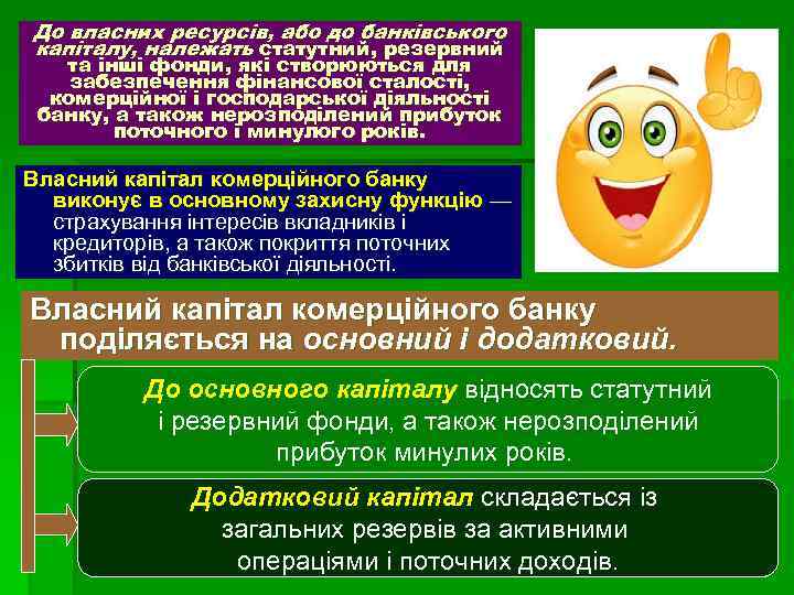 До власних ресурсів, або до банківського капіталу, належать статутний, резервний та інші фонди, які