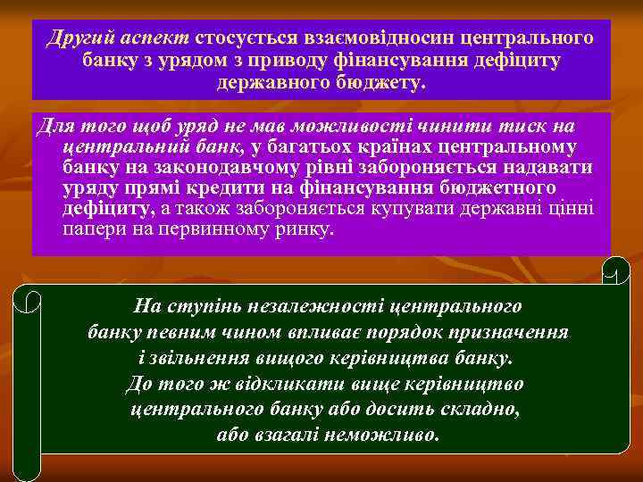 Другий аспект стосується взаємовідносин центрального банку з урядом з приводу фінансування дефіциту державного бюджету.