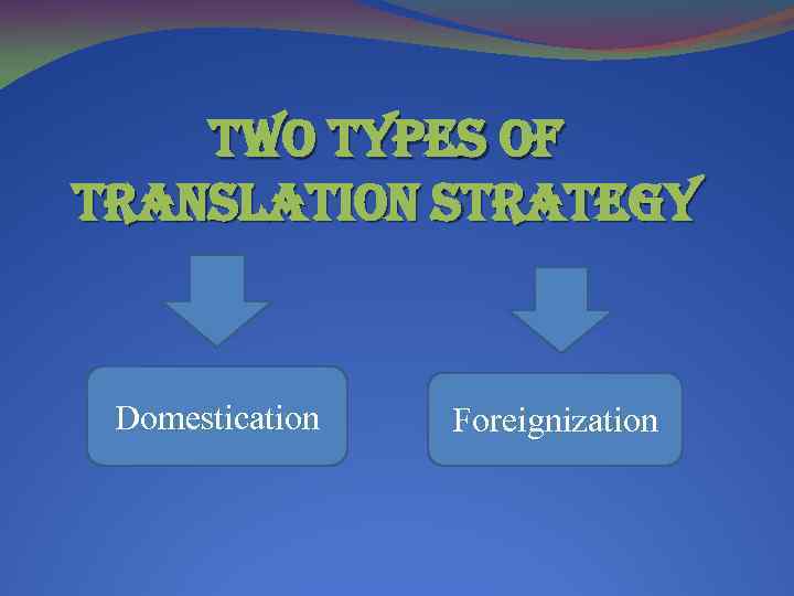 two types of translation strategy Domestication Foreignization 