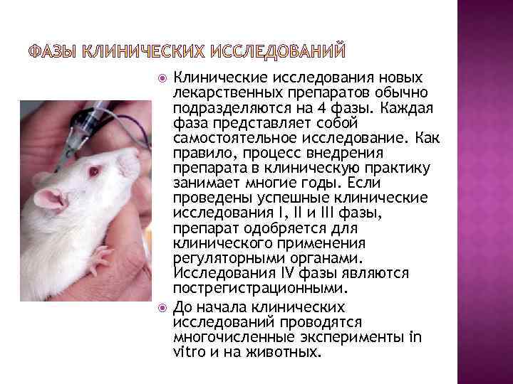  Клинические исследования новых лекарственных препаратов обычно подразделяются на 4 фазы. Каждая фаза представляет