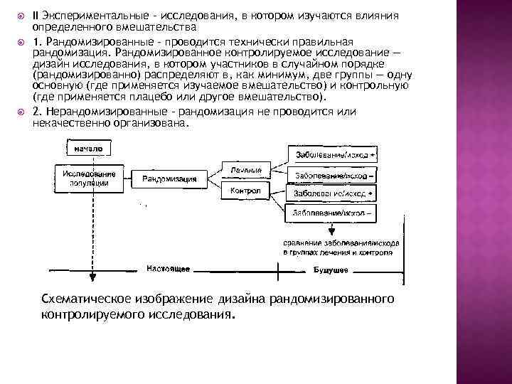  II Экспериментальные - исследования, в котором изучаются влияния определенного вмешательства 1. Рандомизированные -