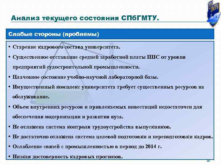 Анализ текущего состояния СПб. ГМТУ. Слабые стороны (проблемы) • Старение кадрового состава университета. •