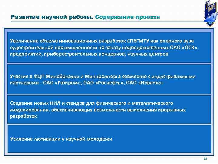 Развитие научной работы. Содержание проекта Увеличение объема инновационных разработок СПб. ГМТУ как опорного вуза