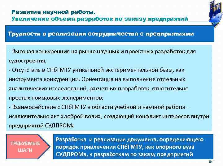 Развитие научной работы. Увеличение объема разработок по заказу предприятий Трудности в реализации сотрудничества с