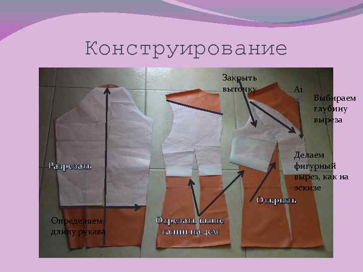 Конструирование Закрыть выточку Выбираем глубину выреза Делаем фигурный вырез, как на эскизе Открыть Разрезать