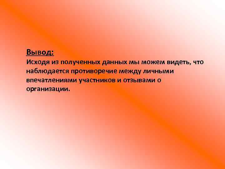 Вывод: Исходя из полученных данных мы можем видеть, что наблюдается противоречие между личными впечатлениями