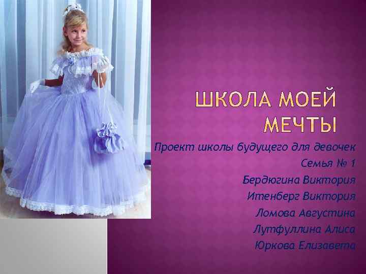Проект школы будущего для девочек Семья № 1 Бердюгина Виктория Итенберг Виктория Ломова Августина