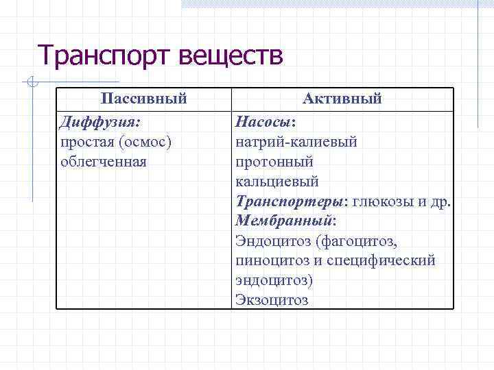 Транспорт веществ Пассивный Диффузия: простая (осмос) облегченная Активный Насосы: натрий-калиевый протонный кальциевый Транспортеры: глюкозы