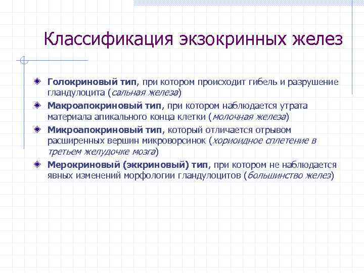 Классификация экзокринных желез Голокриновый тип, при котором происходит гибель и разрушение гландулоцита (сальная железа)