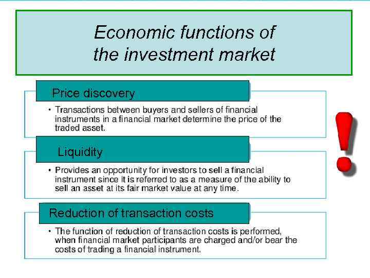 Economic functions of the investment market Price discovery Liquidity Reduction of transaction costs 