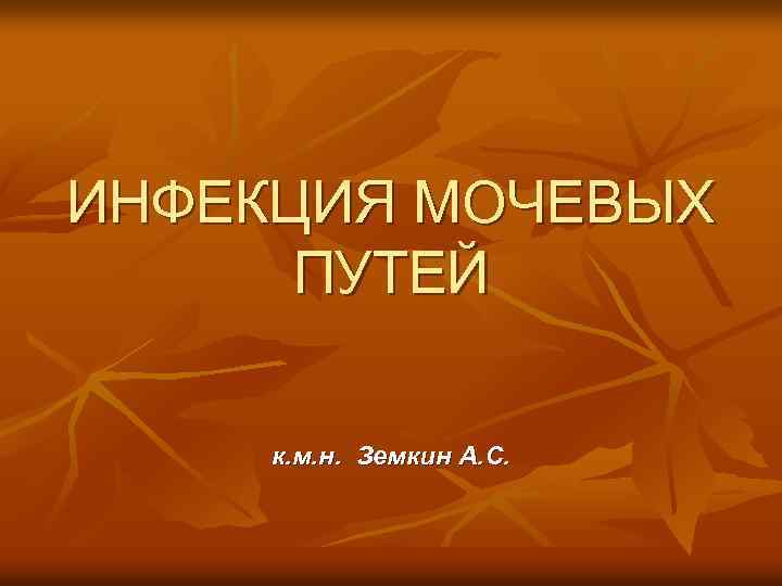 ИНФЕКЦИЯ МОЧЕВЫХ ПУТЕЙ к. м. н. Земкин А. С. 