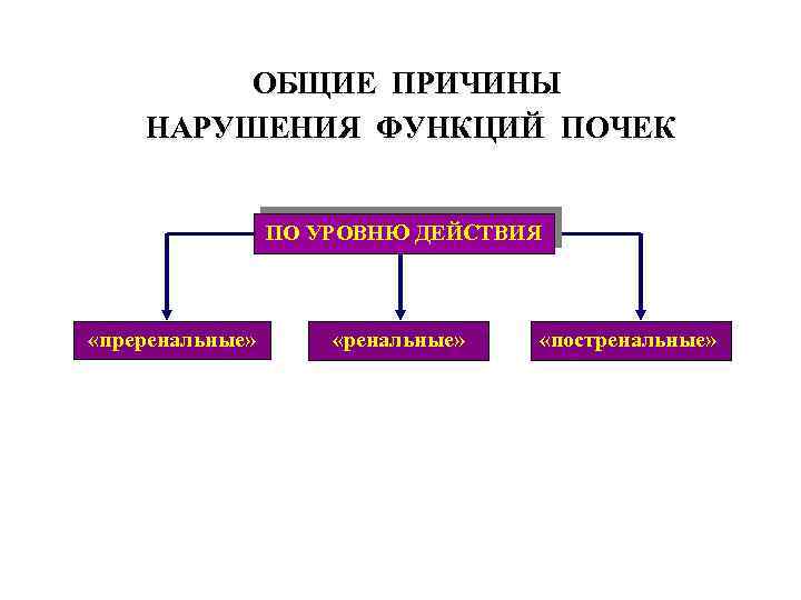 ОБЩИЕ ПРИЧИНЫ НАРУШЕНИЯ ФУНКЦИЙ ПОЧЕК ПО УРОВНЮ ДЕЙСТВИЯ «преренальные» «постренальные» 