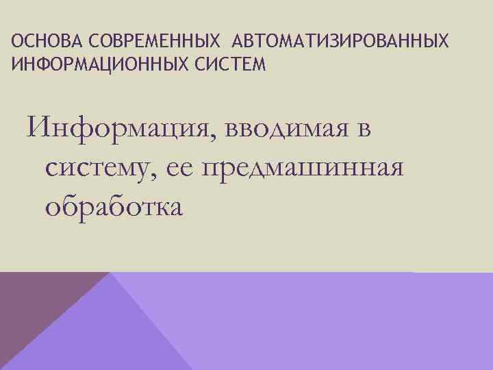 ОСНОВА СОВРЕМЕННЫХ АВТОМАТИЗИРОВАННЫХ ИНФОРМАЦИОННЫХ СИСТЕМ Информация, вводимая в систему, ее предмашинная обработка 