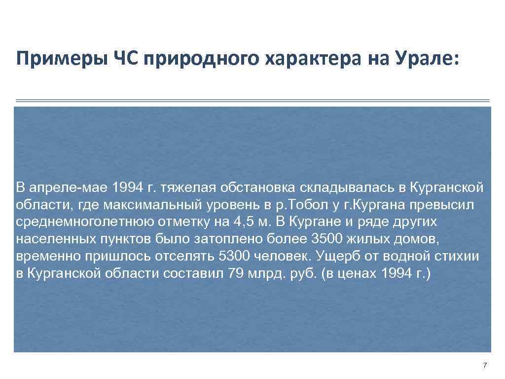 Примеры ЧС природного характера на Урале: В апреле-мае 1994 г. тяжелая обстановка складывалась в