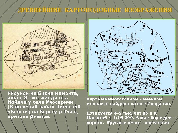 ДРЕВНЕЙШИЕ КАРТОПОДОБНЫЕ ИЗОБРАЖЕНИЯ Рисунок на бивне мамонта, около 8 тыс. лет до н. э.