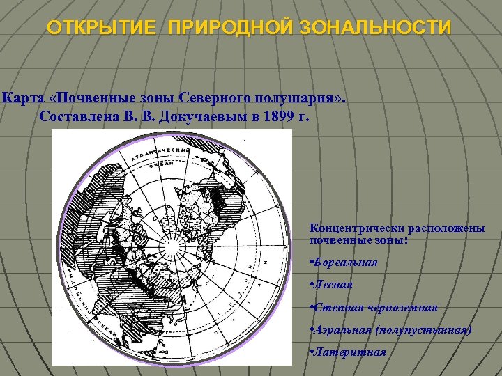 ОТКРЫТИЕ ПРИРОДНОЙ ЗОНАЛЬНОСТИ Карта «Почвенные зоны Северного полушария» . Составлена В. В. Докучаевым в