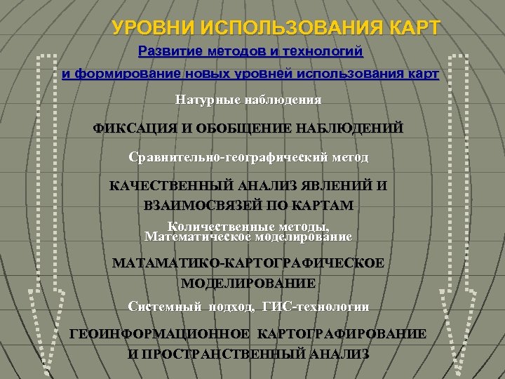 УРОВНИ ИСПОЛЬЗОВАНИЯ КАРТ Развитие методов и технологий и формирование новых уровней использования карт Натурные