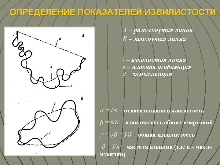 ОПРЕДЕЛЕНИЕ ПОКАЗАТЕЛЕЙ ИЗВИЛИСТОСТИ А – разомкнутая линия Б – замкнутая линия l – извилистая