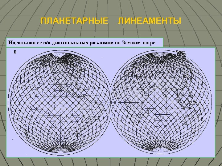 ПЛАНЕТАРНЫЕ ЛИНЕАМЕНТЫ Идеальная сетка диагональных разломов на Земном шаре Линеаменты на Земном шаре 