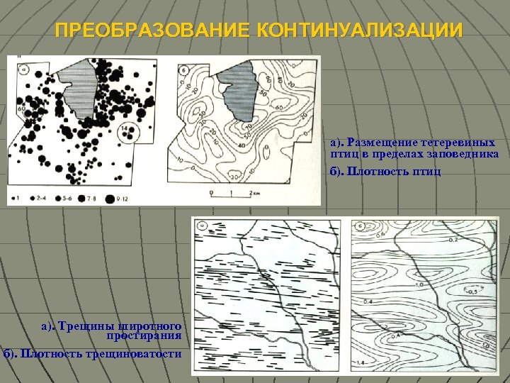 ПРЕОБРАЗОВАНИЕ КОНТИНУАЛИЗАЦИИ а). Размещение тетеревиных птиц в пределах заповедника б). Плотность птиц а). Трещины