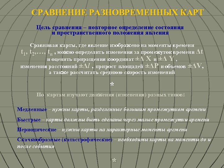 СРАВНЕНИЕ РАЗНОВРЕМЕННЫХ КАРТ Цель сравнения – повторное определение состояния и пространственного положения явления Сравнивая