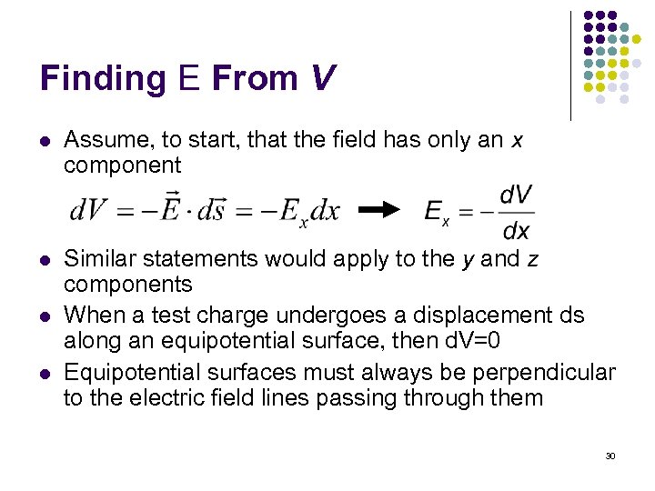 Finding E From V l Assume, to start, that the field has only an