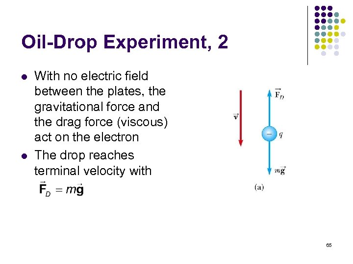 Oil-Drop Experiment, 2 l l With no electric field between the plates, the gravitational