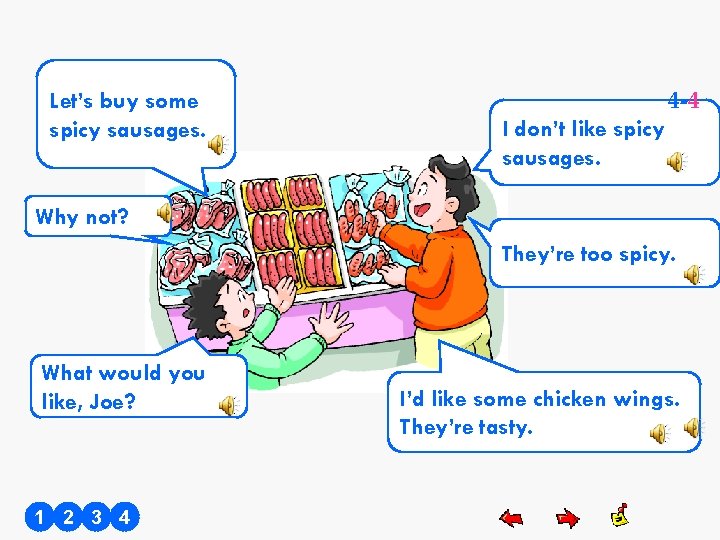 Let’s buy some spicy sausages. 4 -4 I don’t like spicy sausages. Why not?