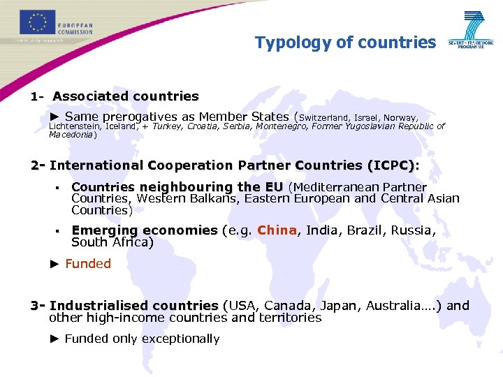 Typology of countries 1 - Associated countries ► Same prerogatives as Member States (Switzerland,