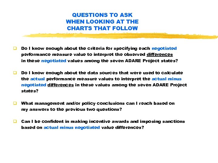 QUESTIONS TO ASK WHEN LOOKING AT THE CHARTS THAT FOLLOW q Do I know